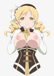  1girl absurdres beret black_hat blonde_hair breasts breasts_out brown_gloves corset detached_sleeves drill_hair fingerless_gloves gloves hat highres large_breasts long_hair looking_at_viewer magical_girl mahou_shoujo_madoka_magica mahou_shoujo_madoka_magica_(anime) nipples smile solo tomoe_mami twin_drills twintails usazirou539 yellow_eyes 
