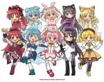  5girls :d ;d akemi_homura akemi_homura_(magical_girl) animal_ear_fluff animal_ear_hairband animal_ears arms_up bare_shoulders black_boots black_bow black_hair black_hairband black_thighhighs blonde_hair blue_boots blue_dress blue_eyes blue_hair blue_hairband blue_skirt blue_sleeves blush_stickers boots bow brown_boots brown_hat brown_thighhighs bubble_skirt cat_ear_hairband cat_ears closed_mouth commentary_request copyright_notice detached_sleeves dog_ear_hairband dog_ears double_fox_shadow_puppet dress dress_bow drill_hair fake_animal_ears fang food food_on_face fortissimo fox_ears fox_shadow_puppet frilled_skirt frilled_sleeves frills full_body gloves hair_bow hair_ornament hairband hand_up hands_up hat heart holding holding_food kaname_madoka kaname_madoka_(magical_girl) knee_boots long_hair long_sleeves looking_at_viewer magical_girl mahou_shoujo_madoka_magica mahou_shoujo_madoka_magica_(anime) miki_sayaka miki_sayaka_(magical_girl) multiple_girls multiple_views musical_note musical_note_hair_ornament no_mouth off-shoulder_dress off_shoulder official_art one_eye_closed open_mouth orange_skirt ozu_(oz_yarimasu) paw_pose pink_bow pink_dress pink_eyes pink_hair pleated_skirt ponytail purple_dress purple_skirt rabbit_ear_hairband rabbit_ears rabbit_pose red_boots red_dress red_eyes red_hair red_hairband red_shoes red_sleeves sakura_kyoko sakura_kyoko_(magical_girl) shirt shoes short_dress short_hair short_sleeves short_twintails sidelocks simple_background skirt sleeveless sleeveless_dress smile socks standing standing_on_one_leg strapless strapless_shirt striped_clothes striped_thighhighs taiyaki thigh_boots thighhighs tomoe_mami tomoe_mami_(magical_girl) twin_drills twintails v v-shaped_eyebrows vertical-striped_clothes vertical-striped_thighhighs wagashi white_background white_gloves white_hairband white_shirt white_skirt white_sleeves white_socks white_thighhighs wolf_ears yellow_eyes yellow_hairband 