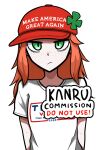  1girl 4chan alternate_costume clover clover_hair_ornament commission english_text four-leaf_clover freckles green_eyes hair_ornament koalakanru long_hair looking_at_viewer orange_hair politics shirt sidelocks simple_background solo vivian_james white_shirt 