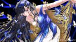  1girl absurdres armlet bare_shoulders black_hair blue_butterfly blue_dress blue_veil breasts bug butterfly cleavage closed_mouth dress gold_cape highres isolde_(reverse:1999) jewelry leaning_forward long_hair looking_at_viewer official_alternate_costume outstretched_arm purple_eyes reverse:1999 sleeveless sleeveless_dress solo tiffany-blue12 too_many too_many_butterflies two-tone_dress upper_body veil very_long_hair watermark weibo_watermark white_dress yellow_butterfly 