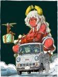  1boy 2girls colored_skin commentary_request cyclops dress giant giantess green_background highres horns kei_truck license_plate motor_vehicle multiple_girls on_truck one-eyed original pickup_truck red_skin santa_costume santa_dress side-view_mirror suzuki_carry truck yabarn 
