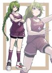  1girl absurdres ahoge basketball_jersey basketball_shorts basketball_uniform bike_shorts bike_shorts_under_shorts blue_eyes blunt_bangs braid character_name crossed_arms green_hair highres kantai_collection ld_(luna_dial398) long_hair looking_at_viewer mole mole_under_mouth multiple_views purple_shirt purple_shorts purple_socks shirt shoes shorts single_braid sleeveless sleeveless_shirt socks sportswear standing white_shoes yuugumo_(kancolle) zoom_layer 