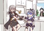  1boy 2girls ahoge black_coat black_eyes black_gloves black_jacket black_ribbon black_shorts black_skirt blade_(honkai:_star_rail) blue_hair blue_sky cabinet chinese_clothes closed_eyes closed_mouth cloud cloudy_sky coat cowboy_shot day drill_hair drill_ponytail english_commentary fur-trimmed_jacket fur_trim gloves goggles gradient_hair grey_hair hair_between_eyes hair_ribbon high_ponytail holding holding_instrument holding_trombone honkai:_star_rail honkai_(series) indoors instrument jacket kitchen long_hair long_sleeves looking_at_another meme midriff miniskirt multicolored_hair multiple_girls music mzxiaxi open_clothes open_jacket oven plant playing_instrument ponytail puffy_long_sleeves puffy_sleeves purple-tinted_eyewear refrigerator ribbon shirt shorts sidelocks silver_wolf_(honkai:_star_rail) skirt sky standing stelle_(honkai:_star_rail) t-shirt tank_top thigh_strap tinted_eyewear trailblazer_(honkai:_star_rail) trombone v-shaped_eyebrows when_mama_isn&#039;t_home_(meme) white_shirt white_tank_top wide-eyed window 