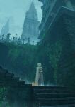  1girl absurdres alternate_costume amane_kanata armor building cape commentary_request expressionless film_grain fujidora_jp full_armor highres hololive medium_hair outdoors overcast overgrown parted_lips scenery sheath sheathed sky solo stairs standing sword tower virtual_youtuber weapon white_cape white_eyes white_hair wide_shot 