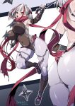  1girl absurdres armpits ass azur_lane black_gloves bodysuit braid breasts commentary covered_navel dated fingerless_gloves fishnets gloves grey_eyes highres holding holding_kunai holding_weapon i-404_(azur_lane) i-404_(dance_of_crimson_strings)_(azur_lane) kunai large_breasts multicolored_hair multiple_views ninja official_alternate_costume open_mouth paid_reward_available red_hair red_scarf scarf short_hair shuriken signature single_braid standing standing_on_one_leg streaked_hair two-tone_hair umyonge_(lkakeu) v-shaped_eyebrows weapon white_hair 