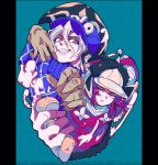  1boy 1girl argyle_clothes argyle_sweater black_fur black_hat blue_background blue_helmet blue_sweater brown_gloves capelet clawed_gauntlets closed_mouth commentary cream_starter_(stand) diego_brando dinosaur_tail dress flower_ornament fur-trimmed_dress fur_trim gloves grin hair_between_eyes hat helmet holding hot_pants_(sbr) jojo_no_kimyou_na_bouken long_sleeves looking_at_viewer o_ok pink_capelet pink_dress pink_eyes pink_hair polka_dot polka_dot_background scary_monsters_(stand) sharp_teeth short_hair smile stand_(jojo) steel_ball_run sweater tail teeth turtleneck turtleneck_sweater white_hair 