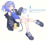  1girl absurdres bandaid bandaid_on_knee bandaid_on_leg bare_shoulders black_jacket blue_hair blue_one-piece_swimsuit blue_screen_of_death blue_shoes blush_stickers collarbone electric_plug electric_plug_tail folder full_body highres holding holding_folder jacket long_sleeves looking_at_viewer microsoft_windows nanoni! off_shoulder one-piece_swimsuit open_clothes open_jacket open_mouth original power_symbol_hair_ornament recycle_bin shoes short_hair short_twintails simple_background sneakers socks solo swimsuit tail twintails white_background white_socks windows_10 yellow_eyes 