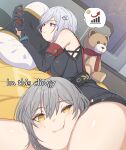  2girls absurdres bar_chart bare_shoulders between_thighs black_gloves blue_eyes cellphone colored_inner_hair english_text gloves graph grey_hair hair_between_eyes head_between_thighs highres holding holding_phone honkai:_star_rail honkai_(series) i&#039;m_this_clingy_(meme) looking_at_phone looking_at_viewer meme multicolored_hair multiple_girls on_bed phone pillow red_hair short_hair smartphone stelle_(honkai:_star_rail) streaked_hair stuffed_animal stuffed_toy teddy_bear thick_thighs thighs topaz_(honkai:_star_rail) trailblazer_(honkai:_star_rail) white_hair yellow_eyes yumegiwa_(skgl_thx) 
