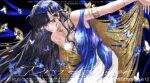  1girl absurdres armlet bare_shoulders black_hair blue_butterfly blue_dress blue_veil breasts bug butterfly cleavage closed_mouth dress english_text gold_cape highres isolde_(reverse:1999) jewelry leaning_forward long_hair looking_at_viewer official_alternate_costume outstretched_arm purple_eyes reverse:1999 sleeveless sleeveless_dress solo tiffany-blue12 too_many too_many_butterflies two-tone_dress upper_body veil very_long_hair watermark weibo_watermark white_dress yellow_butterfly 