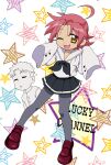  1boy 1girl :3 ahoge black_neckerchief black_skirt buttons closed_eyes cropped_arms gakuran grey_pantyhose highres kogami_akira lucky_channel lucky_star monochrome neckerchief pantyhose pink_hair red_shoes school_uniform serafuku shiraishi_minoru shirt shoes skirt star_(symbol) star_symbol_background user_xhvr3878 very_long_sleeves white_background white_shirt yellow_eyes 