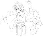  1boy alternate_costume animal_ears arm_belt armpits arms_up blush clothing_cutout commentary_request cropped_legs detached_sleeves final_fantasy final_fantasy_vii final_fantasy_vii_ever_crisis fox_boy fox_ears fox_tail hair_intakes hakama hakama_pants hattouissenbaka highres hip_vent japanese_clothes kemonomimi_mode kimono kitsune looking_back magic male_focus monochrome panties pants parted_bangs sephiroth sephiroth_(ever_crisis) short_hair side-tie_panties sketch sleeveless sleeveless_kimono sweatdrop tail translation_request underwear wide_sleeves 