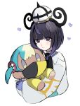  1girl absurdres black_hair blunt_bangs bob_cut canari_plush_(pokemon) character_doll closed_mouth coat doll gloves gradient_hair gwynn_(pokemon) hat heart highres holding holding_doll light_smile long_sleeves looking_at_viewer multicolored_hair partially_fingerless_gloves pokemon pokemon_legends:_z-a purple_eyes purple_hair solo tsuki0425 upper_body white_background white_coat 
