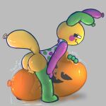 absurd_res animate_inanimate anthro badipoki balloon balloon_fetish balloon_tail balls bent_over blushcrunch_studio butt clothing contact_onomatopoeia dandy's_world food fruit genitals grey_background hi_res inflatable living_balloon living_inflatable looey_(dandy's_world) male onomatopoeia perineum plant polka_dots presenting presenting_hindquarters print_balloon pumpkin pumpkin_balloon roblox shirt side_view simple_background solo sound_effects squeak squeaking squish standing string tail text toon_(dandy's_world) topwear