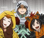  1boy 2girls aerith_gainsborough aerith_gainsborough_(chocobo_suit) angeal_hewley angeal_hewley_(ghost_robe) animal_hood aqua_eyes bird_costume black_gloves black_hair blood blood_on_hands brown_eyes brown_hair brown_mittens button_eyes buttons capelet chain chain_necklace chocobo choker claw_pose cloak closed_eyes cosplay final_fantasy final_fantasy_vii final_fantasy_vii_ever_crisis gloves grin halloween_costume hood hood_up hooded_capelet hooded_cloak jewelry long_hair mittens multiple_girls necklace open_mouth orange_capelet parted_bangs red_gloves red_xiii red_xiii_(cosplay) s_m_man short_hair sidelocks smile teeth torn_hood upper_body white_hood yuffie_kisaragi yuffie_kisaragi_(nanaki_mantle) 