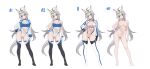  1girl absurdres ahoge alternate_costume animal_ears black_gloves black_thighhighs blue_eyes blush breasts cleavage closed_mouth clothing_cutout commentary_request completely_nude contrapposto expressionless fingerless_gloves full_body gloves grey_hair head_tilt highres horse_ears horse_girl horse_tail jacket leotard long_hair long_sleeves looking_at_viewer medium_breasts multiple_views navel navel_cutout nipples nude oguri_cap_(umamusume) open_clothes open_jacket protected_link pussy race_queen see-through_clothes see-through_leotard simple_background standing tail thighhighs ugohato umamusume uncensored very_long_hair white_background white_gloves white_jacket white_leotard white_thighhighs 