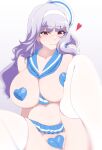  1girl blush breasts grey_hair hat heart heart_pasties highres idolmaster idolmaster_(classic) kumako_(kumakonoh) large_breasts long_hair maebari pasties purple_eyes sailor_collar sailor_hat shijou_takane solo thighhighs white_background 