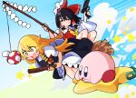  2girls black_hair blonde_hair bow braid broom broom_riding commentary crossover drooling gohei gram_9 gun hair_bow hair_tubes hakurei_reimu highres holding holding_gohei holding_gun holding_weapon japanese_clothes kirby kirby_(series) kirby_air_ride kirby_air_riders kirisame_marisa long_hair miko multiple_girls mushroom open_mouth red_bow saliva short_sleeves side_braid star_(symbol) touhou warp_star weapon 