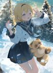  1girl ;d aqua_eyes black_hairband blonde_hair blue_neckerchief blue_sailor_collar blue_scarf blue_skirt blurry blurry_foreground buttons commentary_request day double-breasted hairband hands_up high-waist_skirt highres holding holding_snowball hololive kazama_iroha kazama_iroha_(school_uniform) long_hair long_sleeves neckerchief official_alternate_costume one_eye_closed open_mouth outdoors pleated_skirt pokobee ryuya sailor_collar scarf school_uniform serafuku shirt skirt smile snow snowball solo virtual_youtuber white_shirt 