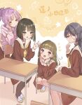  4girls :d =_= absurdres ahoge anyoji_hime black_hair black_pantyhose blunt_bangs blunt_ends blush bob_cut brown_dress brown_hair closed_eyes closed_mouth commentary_request dress gonzales_(love_live!) green_eyes grey_hair hair_ornament hasu_no_shousankaku hasu_no_sora_school_uniform highres hood hooded_jacket jacket jellyfish_cut kachimachi_kosuzu katsuragi_izumi link!_like!_love_live! long_hair long_sleeves love_live! medium_dress momose_ginko multi-tied_hair multiple_girls neckerchief nekomaru_nisei notice_lines open_clothes open_jacket open_mouth orange_eyes pantyhose pink_eyes pink_hair pink_jacket ponytail raised_inner_eyebrows sailor_collar sailor_dress school_uniform shoes short_hair sitting smile split_mouth squatting teeth translation_request triangle_hair_ornament tsuru_(love_live!) turtleneck upper_teeth_only uwabaki virtual_youtuber white_sailor_collar winter_uniform yellow_neckerchief yellow_shoes 