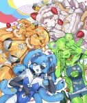  4girls absurdres bikini blue_eyes blue_hair blue_leotard blue_overalls blue_tongue breasts bright_pupils brown_eyes bumblebee_(insect) cleavage cleavage_cutout closed_mouth clothing_cutout collar colored_sclera colored_tongue dress eyepatch food fork fruit green_eyes green_hair green_tongue highres holding holding_fork horns large_breasts leotard long_hair looking_at_viewer monster_girl multiple_girls navel navel_cutout one_eye_closed open_mouth orange_collar orange_hair original overall_shorts overalls red_eyes sakoku_(oyatsu3ji_) sharp_teeth short_hair slime_girl small_breasts smile strawberry swimsuit teeth upper_teeth_only watch white_bikini white_dress white_hair white_pupils white_wrist_cuffs wrist_cuffs wristwatch yellow_sclera 