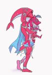  1boy 1girl 7vnv80u3y0gjhmr armor blue_cape brother_and_sister cape child colored_skin fins fish_boy fish_girl full_body head_fins highres jewelry light_blush light_smile mipha monster_boy monster_girl multicolored_skin open_mouth plume red_skin sharp_teeth shoulder_armor siblings sidon smile standing teeth the_legend_of_zelda the_legend_of_zelda:_breath_of_the_wild two-tone_skin white_background white_skin yellow_eyes 