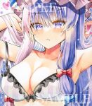  1girl blue_bow blue_eyes bow bow_bra bra breasts commentary_request frilled_bra frills hair_bow heart highres huyugiri_luna large_breasts long_hair looking_at_viewer low-tied_long_hair parted_lips patchouli_knowledge purple_hair red_bow sample_watermark solo strap_slip striped_bra striped_clothes touhou underwear upper_body vertical-striped_bra vertical-striped_clothes watermark white_bra 