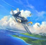  a6m_zero absurdres aerial_battle aircraft airplane battle blue_sky cloud dogfight english_commentary f4u_corsair fire flying highres island julien_lepelletier military_vehicle ocean original outdoors propeller_fighter roundel scenery shot_down sky smoke vehicle_focus world_war_ii 