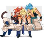  anger_vein biceps blue_eyes blue_sash body_fur cropped_vest dragon_ball dragon_ball_gt dragon_ball_super dragon_ball_super_broly dragon_ball_z energy_ball gogeta highres male_focus metamoran_vest monkey_boy monkey_tail multiple_persona muscular muscular_male no_nipples pants pectorals red_hair relio_db318 sash simple_background smile spiked_hair stardust_breaker super_saiyan super_saiyan_1 super_saiyan_4 super_saiyan_blue tail veins veiny_hands vest white_pants 