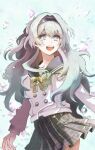  1girl black_hairband bow bowtie buttons collared_shirt double-breasted firefly_(honkai:_star_rail) firefly_(spring_missive)_(honkai:_star_rail) floral_background gradient_eyes gradient_hair green_bow green_bowtie green_pupils grey_hair grey_sailor_collar grey_skirt hachamecha hair_between_eyes hair_intakes hairband highres honkai:_star_rail honkai_(series) long_hair long_sleeves multicolored_eyes multicolored_hair open_mouth plaid_bow plaid_bowtie plaid_clothes pleated_skirt sailor_collar shirt skirt smile solo teeth upper_teeth_only white_shirt white_sleeves 