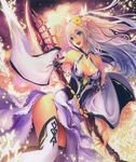  absurdres blue_eyes boots breasts cleavage collarbone detached_sleeves dress flower hair_flower hair_ornament highres holding holding_sword holding_weapon huge_filesize long_hair medium_breasts open_mouth shingeki_no_bahamut silver_hair solo sword tachikawa_mushimaro thigh_boots thighhighs weapon 