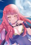  1girl bodysuit breasts choker cleavage clothing_cutout facial_mark fire_emblem fire_emblem_engage hair_ornament large_breasts long_hair looking_at_viewer pink_choker purple_bodysuit red_eyes red_hair rein_rise side_cutout smile solo star_(symbol) star_facial_mark star_hair_ornament yunaka_(fire_emblem) 