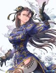  1girl black_gloves breasts brown_eyes brown_hair bun_cover chun-li closed_mouth double_bun dress earrings flower gloves hair_bun highres jewelry lips looking_at_viewer mitsu_plus official_alternate_costume prototype_design ringed_eyes solo street_fighter street_fighter_6 