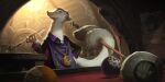 5_fingers anthro ball beard billiards brown_body brown_fur clothing dao_trong_le digital_media_(artwork) facial_hair fingers fur hi_res holding_object holding_smoking_pipe inside lamp league_of_legends legends_of_runeterra long_tail male mammal mustelid official_art purple_clothing riot_games smile smoking_pipe solo tail tail_holding_object tencent wall_(structure) wanted_poster wood wood_wall