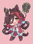  1girl animal_ears antenna_hair armor banner black_thighhighs blunt_tresses blush brown_hair chibi chibi_only ear_ornament hair_between_eyes hair_ornament headband highres holding horse_ears horse_girl horse_tail jacket japanese_armor jinbaori kote long_hair looking_at_viewer minmin_(kemomofuri) no_reason_(speedy_red_armor)_(umamusume) no_reason_(umamusume) nobori one_eye_closed open_mouth red_headband shirt shoulder_armor simple_background smile sode solo tail thighhighs umamusume war_fan yellow_eyes 