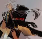  1girl ahoge argyle_clothes argyle_shirt black_gloves black_jacket black_shorts blue_necktie closed_mouth collared_shirt copyright_name custom_(cus-tom) from_side girls'_frontline gloves grey_background grey_hair hair_between_eyes holding jacket long_hair necktie pkp_(girls'_frontline) pkp_(l.a.d.y)_(girls'_frontline) profile shirt short_shorts shorts simple_background solo star_(symbol) thigh_strap weapon_case yellow_eyes 