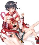  2girls anger_vein angry animal_ears arm_up armor bandaid bandaid_on_knee bandaid_on_leg black_hair black_jacket black_shoes black_skirt blue_archive braid breast_curtains breast_lift breast_rest breasts breasts_on_head chest_strap clenched_hand closed_eyes crop_top elbow_gloves empty_eyes gloves highres jacket japanese_armor japanese_clothes large_breasts leg_up letterman_jacket lolita_fashion lying miniskirt mole mole_under_eye mong91 multiple_girls neru_(blue_archive) on_back open_clothes open_jacket open_mouth orange_hair petticoat pleated_skirt raccoon_ears raglan_sleeves red_gloves red_sailor_collar red_shoes red_skirt rope sailor_collar shimenawa shirt shoes short_hair side_braid sideless_outfit single_braid sitting skindentation skirt sleeping tassel tsubaki_(blue_archive) wa_lolita wariza white_shirt white_shoes white_sleeves zipper zzz 