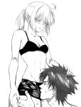  ahoge ai_(ai1470) artoria_pendragon_(fate) bra breasts cleavage commentary_request emiya_kiritsugu facial_hair fate/zero fate_(series) greyscale heavy_breathing hetero kissing_crotch monochrome ponytail saber_(fate) second-party_source short_shorts shorts small_breasts stubble sweat underwear 