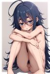  1girl ? ahoge anal_hair armpit_hair bags_under_eyes barefoot black_eyes black_hair blush breasts cleft_of_venus commentary_request completely_nude crossed_bangs dosu_(doseven) feet_out_of_frame female_pubic_hair flipped_hair hair_between_eyes highres huge_ahoge hugging_own_legs jimiko jitome knees_together_feet_apart knees_up long_hair looking_at_viewer mole mole_on_armpit mole_under_eye multiple_moles nipples nude original parted_lips pigeon-toed pubic_hair pussy ribs simple_background sitting small_breasts solo sweat sweatdrop thick_eyebrows very_long_hair 