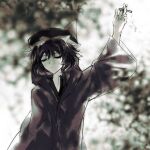  1other androgynous between_fingers black_hair black_hat black_shirt chinese_commentary cigarette closed_eyes closed_mouth collared_shirt day detached_hood english_commentary expressionless frilled_headwear hair_between_eyes hat high_collar highres holding holding_cigarette hood hood_down hooded_jacket jacket len'en light_frown long_sleeves mixed-language_commentary mob_cap other_focus outdoors outstretched_arm purple_jacket shade shirt shitodo_kuroji short_hair sky solo tree triangular_headpiece upper_body white_sky wide_sleeves yancao_(pixiv_103434280) zipper 