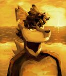 anthro beach bust_portrait capegloam clip_studio_paint_(artwork) detailed_background digital_media_(artwork) digital_painting_(artwork) eyebrows frown hair hi_res male notched_ear painting_(artwork) portrait sea short_hair sky snout solo sunset thick_eyebrows unknown_species water yellow_theme