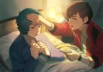  2boys :o bad_id bad_pixiv_id bed blanket blue_eyes blue_shirt blush bracelet brown_hair chromatic_aberration cup digital_thermometer fever gundam gundam_zz hand_on_another's_forehead holding holding_thermometer indoors jacket jewelry judau_ashta kamille_bidan long_sleeves looking_at_another male_focus multiple_boys open_clothes open_jacket open_mouth pillow red_jacket shion_(ajisionn) shirt short_hair sick sweat thermometer under_covers yellow_shirt 