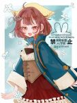  1girl :d artist_name atelier_(series) atelier_sophie blue_jacket border brown_corset brown_eyes commentary_request corset dated dress han_(hn-khk) headscarf jacket looking_at_viewer open_clothes open_jacket outside_border red_hair smile solo sophie_neuenmuller standing watermark white_border yellow_headscarf 