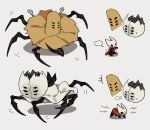  +++ ... 3girls absurdres aged_down alternate_universe arthropod_girl black_skin bug child cloak colored_skin commentary dress english_commentary extra_eyes first_sinner_(hollow_knight) highres hollow_eyes hollow_knight hollow_knight:_silksong horned_mask hornet_(hollow_knight) mask multiple_girls multiple_legs red_cloak revolutionary_lab670 spider spoken_ellipsis sweatdrop white_dress white_mask widow_(hollow_knight) 