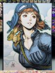  1girl 2020 animal animal_on_shoulder aviator_cap blue_dress blue_hat blue_sky breasts brown_eyes brown_hair cleavage cloud collarbone commentary creature dress earrings english_commentary hat highres jewelry kaze_no_tani_no_nausicaa large_breasts marker_(medium) nausicaa parted_lips short_hair short_sleeves shoulder_strap signature sky solo stanley_lau swept_bangs teardrop_earrings traditional_media upper_body 