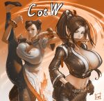 2girls black_jacket black_pants black_pantyhose blue_dress breasts china_dress chinese_clothes chun-li cleavage cleavage_cutout clothing_cutout covered_nipples cropped_jacket crossover double_bun dress fatal_fury fatal_fury:_city_of_the_wolves hair_bun hand_fan high_ponytail highres holding holding_fan jacket large_breasts long_hair mouth_hold multiple_girls pants pantyhose ponytail shiranui_mai split standing standing_on_one_leg standing_split street_fighter street_fighter_6 tomo_eokaiteru 