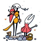  2girls bag beamed_eighth_notes cloak closed_eyes commentary eighth_note english_commentary hollow_knight hollow_knight:_silksong hornet_(hollow_knight) horns multiple_girls music musical_note needle_(hollow_knight) pr_quote red_bag red_cloak rock shakra_(hollow_knight) shoulder_bag singing standing weapon weapon_on_back white_background 