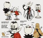  ... 3girls absurdres aged_down alternate_universe arthropod_girl black_skin bug child colored_skin commentary dress english_commentary english_text extra_eyes first_sinner_(hollow_knight) gun highres holding holding_gun holding_weapon hollow_knight hollow_knight:_silksong hornet_(hollow_knight) mechanical_legs multiple_girls multiple_legs revolutionary_lab670 sitting spider standing_on_person strapless strapless_dress sweatdrop tool_(hollow_knight) weapon white_dress widow_(hollow_knight) 
