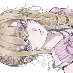  1girl aegyo_sal blonde_hair caru_c1 chain chain_necklace closed_mouth commentary drill_hair ear_piercing eyebrow_piercing face_piercing gyaru hair_ornament hairclip highres jacket jewelry long_hair necklace original piercing pink_jacket side_drill sideways simple_background sleeves_past_wrists smile solo spiked_necklace star_(symbol) star_hair_ornament symbol-only_commentary too_many_hair_ornaments white_background 