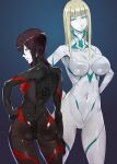  2girls ass black_bodysuit blame! bodysuit breasts cibo closed_mouth covered_navel cyborg highres ippo large_breasts long_hair looking_at_viewer multiple_girls pale_skin sanakan short_hair simple_background skin_tight smile tall_female white_hair 