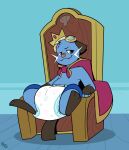 3_fingers 3_toes ambiguous_gender anthro aqua_(innocentenough) artist_logo band-aid band-aid_on_face band-aid_on_nose bandage bandage_on_face bandage_on_nose black_body black_ears blush blush_lines bubblepuppers cape chair clean_diaper clothed clothing crown cute_fangs dewott diaper eyewear eyewear_on_head fangs feet fingerless_(marking) fingerless_gloves_(marking) fingers floor full-length_portrait furniture generation_5_pokemon gloves_(marking) goggles goggles_on_head half-closed_eyes headgear hi_res leg_markings logo markings narrowed_eyes nintendo orange_nose pokemon pokemon_(species) portrait sitting smile socks_(marking) solo teeth throne toes wearing_diaper whiskers white_whiskers wood wood_floor